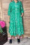 Spring floral green 3/4 sleeve maxi women dress w/buttons GJQ16691