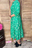 Spring floral green 3/4 sleeve maxi women dress w/buttons GJQ16691