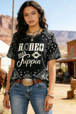 XCH14181 "Rodeo Road Trippin" words&paisley white printed short sleeve black women top (GS6)