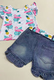 Flamingo printed ruffle short sleeve top &  denim shorts 2pc girls set 241128M A3S3