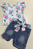 Flamingo printed ruffle short sleeve top &  denim shorts 2pc girls set 241128M A3S3