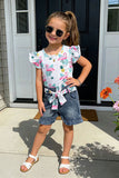 Flamingo printed ruffle short sleeve top &  denim shorts 2pc girls set 241128M A3S3