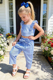 Cropped blue striped top & pant & belt girls sets 251301M A3S1