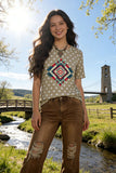 Western t-shirt wholesale Beige star & Aztec printed w/short sleeves DLH12321 (DS10)