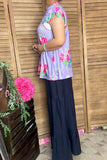 GJQ15842 Purple floral printed V-neckline short sleeve w/ruffle women tops.(DS4)/FS3