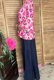 Pink/fuchsia Leopard multi color printed 3/4 bell sleeve women tops GJQ15750 FS5
