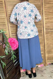 Blue/pink leopard & start printed 3/4 sleeve top BQ10670 (FS4)