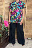 Western leopard double ruffle/black pompom short sleeve women tops BQ15644 FS3