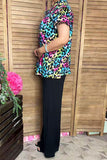 Western leopard double ruffle/black pompom short sleeve women tops BQ15644 FS3