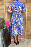 Blue patterns ruffle trim & elastic waist short sleeve women dress w/v-neck GJQ16907