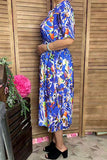Blue patterns ruffle trim & elastic waist short sleeve women dress w/v-neck GJQ16907