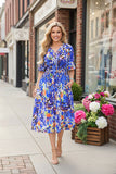 Blue patterns ruffle trim & elastic waist short sleeve women dress w/v-neck GJQ16907