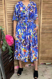 Blue patterns ruffle trim & elastic waist short sleeve women dress w/v-neck GJQ16907