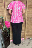Southern Stitch Pink floral printed & puff short sleeves white trim women top XCH16951 ES2