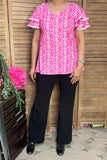 Southern Stitch Pink floral printed & puff short sleeves white trim women top XCH16951 ES2