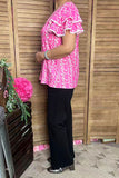 Southern Stitch Pink floral printed & puff short sleeves white trim women top XCH16951 ES2