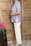 Shop Pink & turquoise floral prints bell sleeve women blouse gjq16038 (GS1)