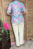 Shop Pink & turquoise floral prints bell sleeve women blouse gjq16038 (GS1)