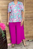 Shop Pink & turquoise floral prints bell sleeve women blouse gjq16038 (GS1)