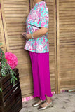 Shop Pink & turquoise floral prints bell sleeve women blouse gjq16038 (GS1)
