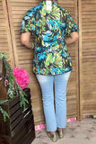 Green & Turquoise printed puff short sleeve women shirts GJQ16615 ES8
