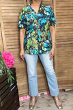 Green & Turquoise printed puff short sleeve women shirts GJQ16615 ES8