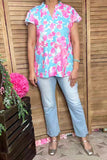 Southern Stitch floral printed short sleeve w/ruffle V-neckline women tops GJQ15993 (ES8)