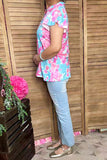 Southern Stitch floral printed short sleeve w/ruffle V-neckline women tops GJQ15993 (ES8)