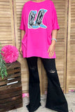 Glitter boots printed pink short sleeve women top DLH14240 IS2
