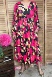 Fuchsia floral printed long sleeeve women maix dress with elastic waist GJQ16279 (BS8)