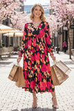 Fuchsia floral printed long sleeeve women maix dress with elastic waist GJQ16279 (BS8)
