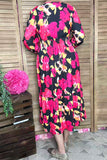Fuchsia floral printed long sleeeve women maix dress with elastic waist GJQ16279 (BS8)