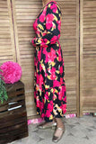 Fuchsia floral printed long sleeeve women maix dress with elastic waist GJQ16279 (BS8)