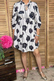 Women dress w/Black floral & stripes with trim & 3/4 sleeves GJQ16068 (BS1)