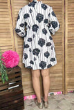 Women dress w/Black floral & stripes with trim & 3/4 sleeves GJQ16068 (BS1)