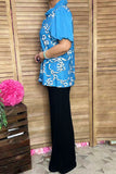 Blue bows printed puff short sleeve women blouse w/v-neckline XCH16669 IS3