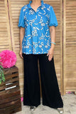 Blue bows printed puff short sleeve women blouse w/v-neckline XCH16669 IS3