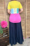 Yellow/pink & multi color block printed short sleeve top w/knot GJQ8707-2 (es7)