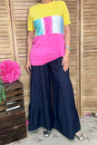 Yellow/pink & multi color block printed short sleeve top w/knot GJQ8707-2 (es7)