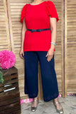 BQ16051 Ruffle/bell gathering short sleeve red women top GS3