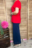 BQ16051 Ruffle/bell gathering short sleeve red women top GS3
