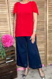 BQ16051 Ruffle/bell gathering short sleeve red women top GS3