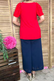 BQ16051 Ruffle/bell gathering short sleeve red women top GS3