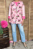 XCH15107 Multi color floral prints 3/4 sleeves women tops w/side split IS2