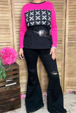 White graphic with block pink/black long sleeve women tops GJQ15226 (CS3)