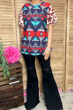 Western Aztec print & Leopard bell short sleeves women top GJQ14404 IS2