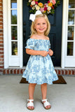 Toddler girls dress suppliers Blue floral prints & short sleeves XCH03024 (A1S1)