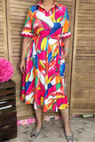 Trendy floral patterns red/white trim short sleeve boutique women's dress GJQ16190 AF