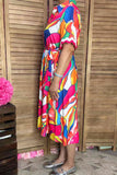 Trendy floral patterns red/white trim short sleeve boutique women's dress GJQ16190 AF