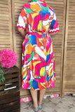 Trendy floral patterns red/white trim short sleeve boutique women's dress GJQ16190 AF